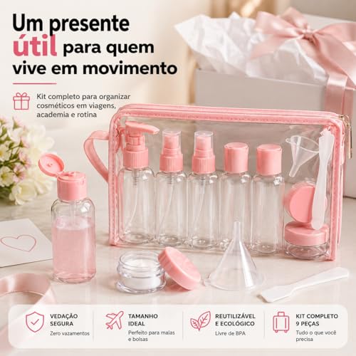 Frascos para Viagem Kit 9 Peças com Estojo Transparente Ideal para Shampoo Condicionador Sabonte Líquido Cremes Hidratante com Funil para Encher Recipientes Cosméticos (Branco)
