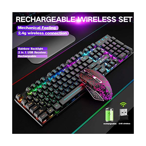 T3-Upgrade-Wireless-Keyboard-Mouse-Combo-Rainbow-Backlit-24G-Rechargeable-Mechanical-Feel-Gaming-Keyboard-2400DPI-6-Buttons-Optical-Rainbow-LED-Gaming-Mouse-Free-Gaming-Mouse-Pads-Black T3 Upgrade Wireless Keyboard Mouse Combo, Rainbow Backlit 2.4G Rechargeable Mechanical Feel Gaming Keyboard + 2400DPI 6…