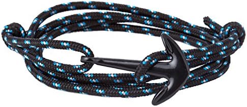 Anchor Bracelet - Silver Alloy Nautical Adjustable Charm, Perfect Elegant Gift for Couples, Men, Women, Children, Weaved Nylon Rope, Unisex, Multicolored, Wrap-Style (Black/Black)