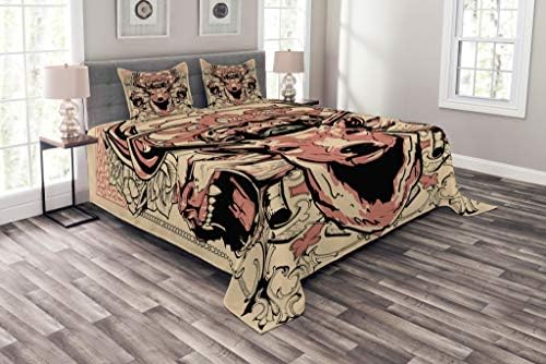 Ambesonne 鹿 ベッドスプレッド モダン 芸術的 イラスト スカル 今だけスーパーセール限定 ウルフ フローラルデザイン 装飾キルトカバーセット 枕カバー マジェスティック ブラック キング ピンク Bed King ベージュ アンチラー