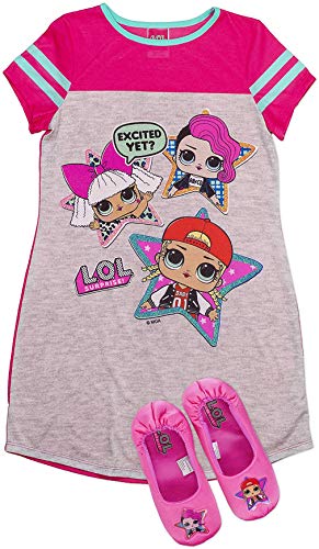L.O.L Surprise! Pajama Set, Dorm PJs with Slippers, Rocker Diva and MC Swag,Pink, Girls Size 4/5