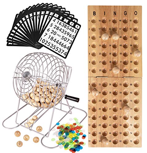 Deluxe 9" Metal Bingo Set; Silver Bingo Game with Wooden Bingo Balls and Bingo Board; 200 Color Bingo Markers