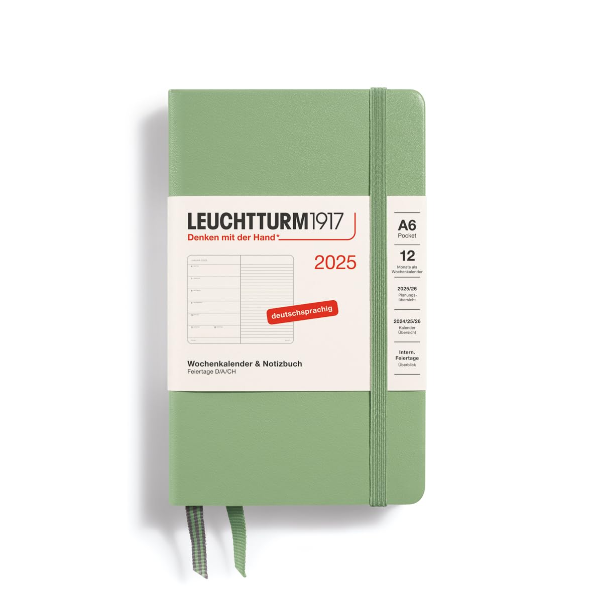 LEUCHTTURM1917 370501 Weekly Calendar & Notebook 2025, Pocket A6 Hardcover - 12-Month Planner, 80 g, Lined - Sage