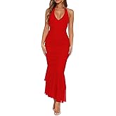 HOT ROEE Women's Sexy V Neck Tie Halter Mesh Ruffle Hem Ruched Bodycon Cocktail Party Maxi Dresses