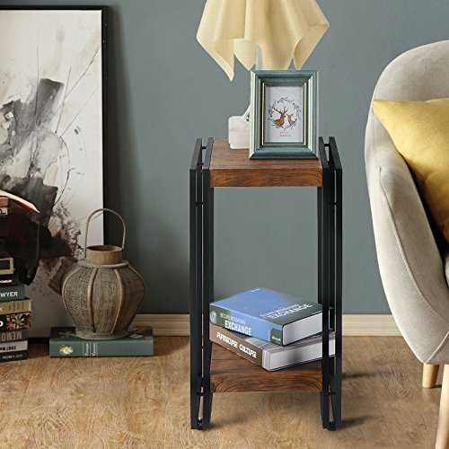 FIVEGIVEN Accent Side Table for Small Spaces End Table for Living Room/Bedroom, Modern Wood and Metal, Brown