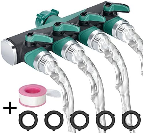 Garden Hose Valve, Yuelife 4 Way Garden Hose Splitter with Bolted &amp; Threaded Metal Body, 5 Repalceable Washers and 1 Adhesive Tape for Sprinkler, Outdoor Faucet, Drip Irrigation Systems &amp; Lawns