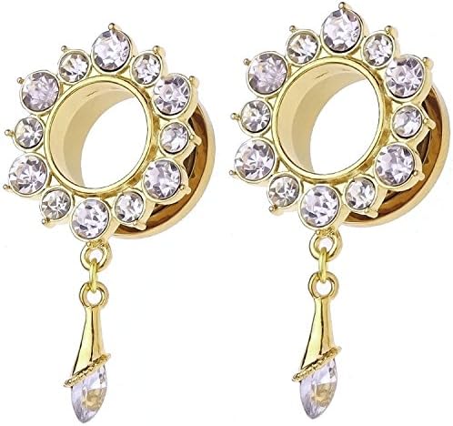 Ear Tunnels Ear Plugs Gauges Gold Plated Stainless Steel Gem Burst Dangle (20mm)