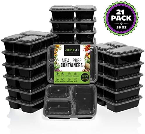 SupperSet Meal Prep Containers with Lids (21-pack) 3 Compartment Bento Box | 36 oz. Stackable, Certified BPA-Free, Portion Control | Reusable, Durable | Microwave, Freezer & Dishwasher Safe
