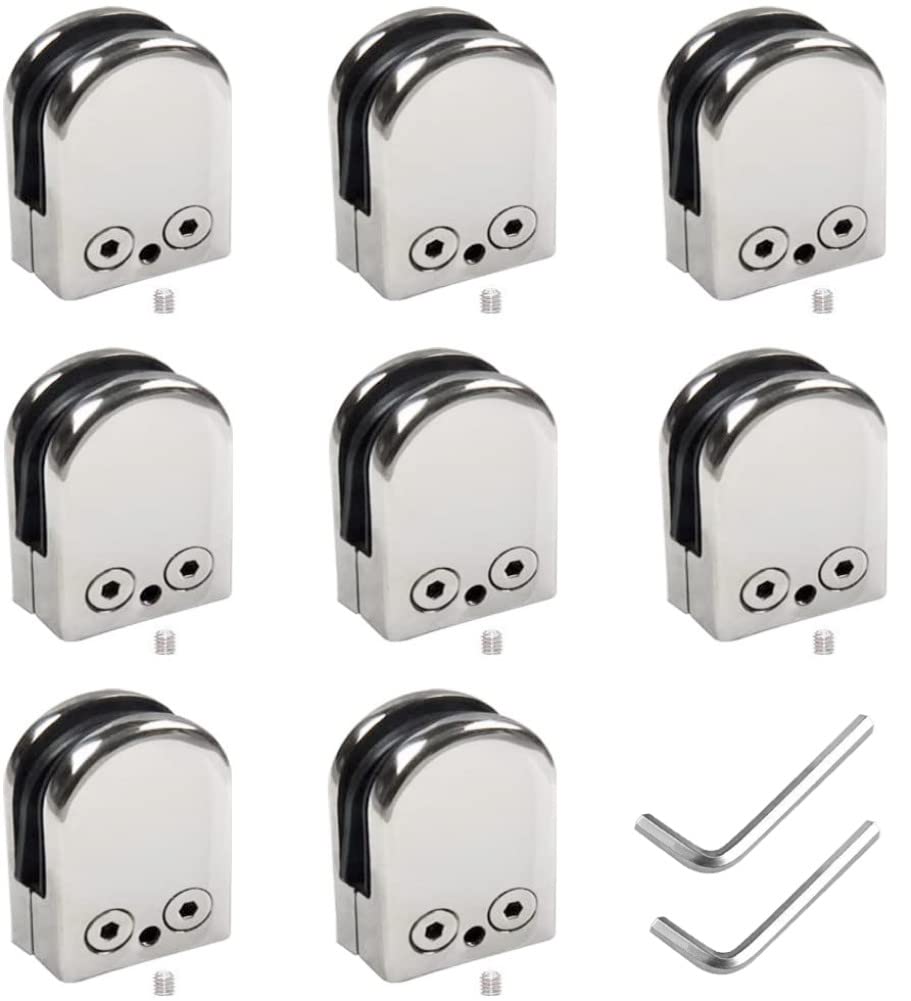 LATERN 8Pcs Glass Clamps, Stainless Steel Glass Bracket Polished Flat Back Round Glass Clip for 8mm - 10mm Glass Balustrade Staircase Handrail with 2Pcs Hexagon Driver