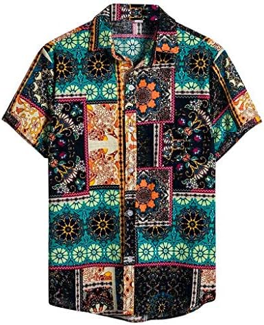 Beautyfine Men's Printed Hawaiian Shirt Cotton Linen Casual Short Sleeve Ethnic T-Shirts Blouse