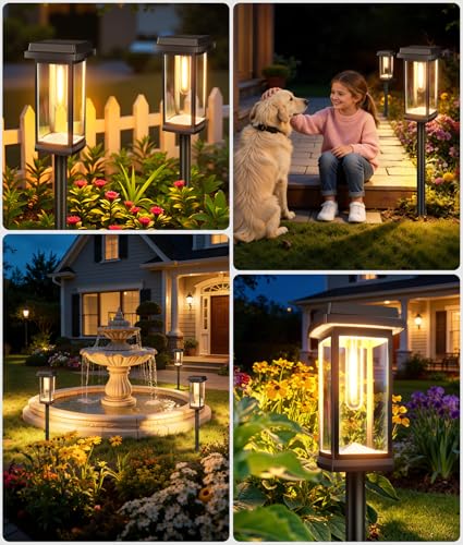 RECHOO Solar Lights for Outdoor Garden Pack of 4, 3000 K Warm White Solar Lights Garden with Metal Ground Spikes & 2 Light Modes, IP65 Waterproof Solar Lights for Outdoors, Garden Decoration, Yard