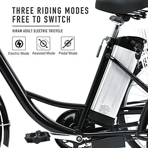HIRAM Adult Electric Tricycle, 24 Inch 250W Electric Bike 3 Wheel Electric Trike Bicycle for Men and Women, Adjustable Cruiser Seat, Removable 36V 10Ah Large Capacity Lithium Battery, Rear Basket