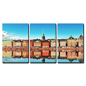 3 Piece Canvas Wall Art - Scenic Summer Panorama of The Old Town (Gamla Stan) Pier Architecture in Stockholm, Sweden - Modern Home Art Stretched and Framed Ready to Hang - 16"x24"x3 Panels
