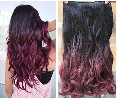 Long Ombre Thick One Piece Straight Wavy Curly Half Head Clip in Hair Extensions (20" Wavy, natural black/plum red)