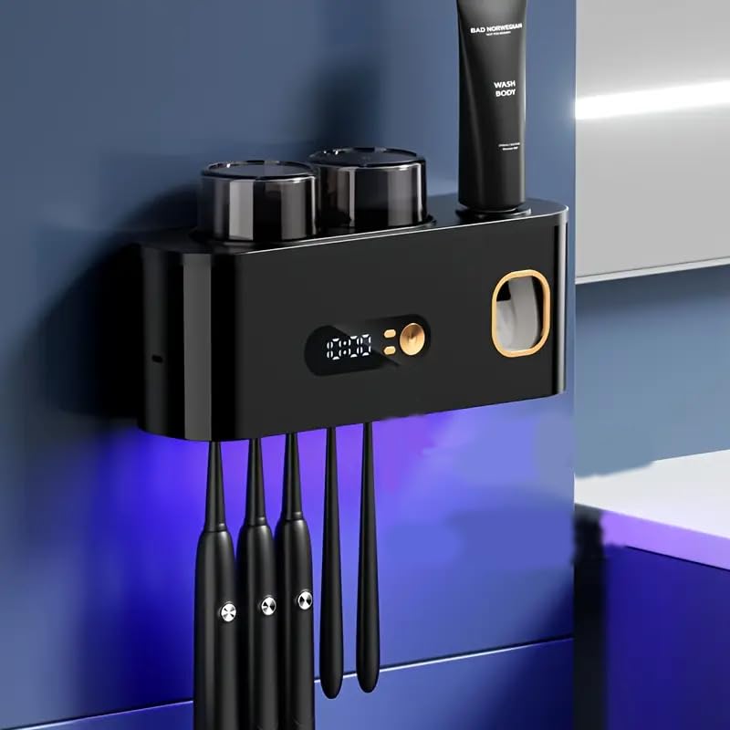 Photo 1 of UV Toothbrush Sanitizer Wall Mount No Drill with Toothpaste Dispenser, Clock Time Display Toothbrush Holder Family Size, Electric Toothbrush Organizer Cleaner for Bathroom