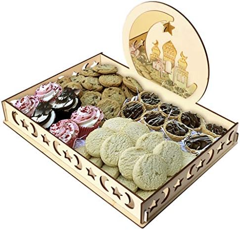 Rigel7 Wooden Artistic Eid Mubarak Party Serving Tableware Tray Display Wood Decoration Dessert Tray (B)