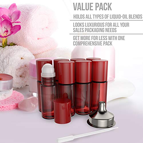 Essential Oil Roller Bottles [Plastic Roller Ball] FREE Plastic Pippette and Funnel - Refillable Glass Color Roll On for Fragrance Essential Oil - 30ml 1 oz (8 PACK, RED) - Thumbnail 4