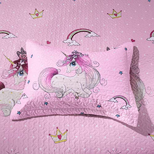 Kids Unicorn Quilt Set with Sham Twin Size Animal Cartoon Bedding Set Soft Reversible Bedspread Coverlet All Season Bed Set for Kids Teens Girls, 1 Quilt 2 Pillowshams, Pink