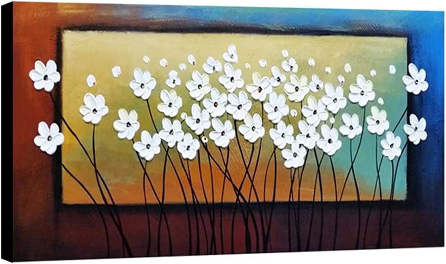 Paintings - Wieco Art White Flowers Oil Paintings on Canvas Wall Art for Living Room Bedroom Home Decorations Large Modern Stretched and Framed 100% Hand Painted Contemporary Pretty Abstract Floral Artwork L
