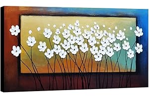 Wieco Art White Flowers Oil Paintings on Canvas Wall Art for Living Room Bedroom Home Decorations Large Modern Stretched and Framed 100% Hand Painted Contemporary Pretty Abstract Floral Artwork L