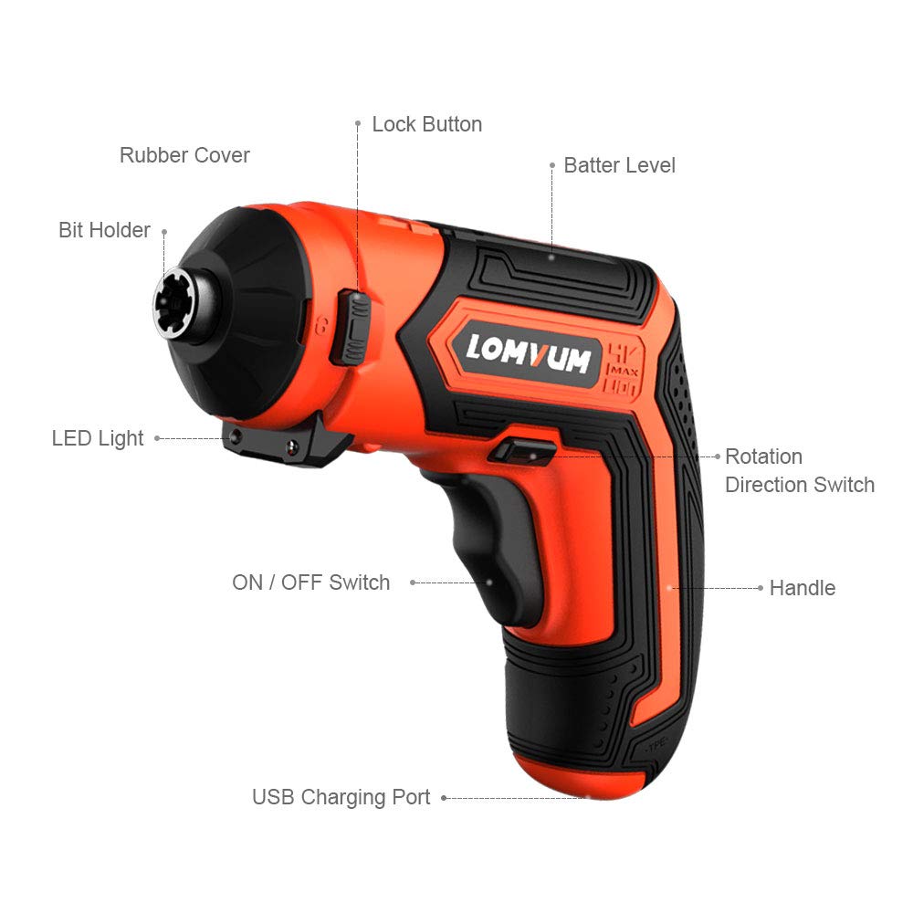 Lomvum 4V Electric Cordless Screwdriver with Built-in 1500mAh Li-ion Battery Rechargeable Screwdriver 5-in-1 Drill/Driver System