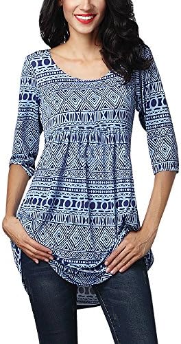 Pengy Clearance Women's Retro Printing Fall Three Quarter Sleeve Loose Casual Blouse Tops (XL, Blue)