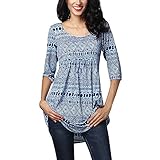 Pengy Clearance Women's Retro Printing Fall Three Quarter Sleeve Loose Casual Blouse Tops (XL, Blue)