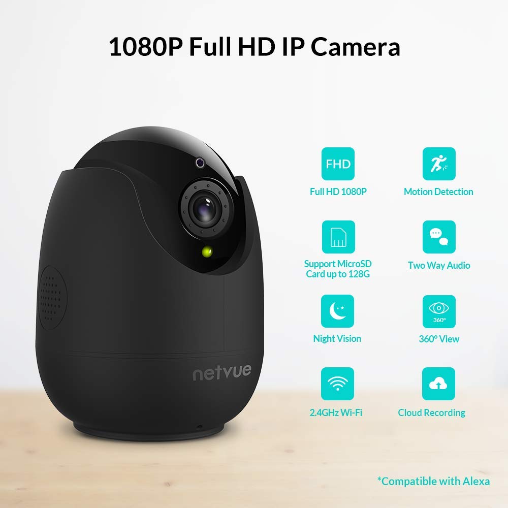 Netvue Camera Surveillance WiFi sans Fil PTZ 1080P Compatible avec Alexa Echo Show Caméra dôme IP avec Vision Nocturne Infrarouge pour bébé/Fumée/Pet/Nanny Monitor, Noir