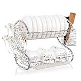 Kommii 2 Tier Dish Drying Rack Functional Durable Wire Frame Hanging Rack with Plastic Tray for Kitchen Utensils