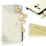 Moto G Case - Mavis's Diary 3D Handmade Bling Crystal LOVE Heart Pendant Sparkle Glitter Rhinestone Diamond Flowers PU Leather Wallet Type with Magnetic Clasp Credit Card Holder Design Folio Case Cover for Moto G (XT1031, XT1032, XT1033, XT1034) with Soft Clean Cloth (One Case)