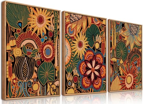 BINCUE Groß Farbe Blumen Wandbilder,Vintage Blumen Leinwand Wandkunst,Boho Wanddeko Rahmen,Moderne Wohnzimmer Wanddekoration,Vintage Botanische Bilder