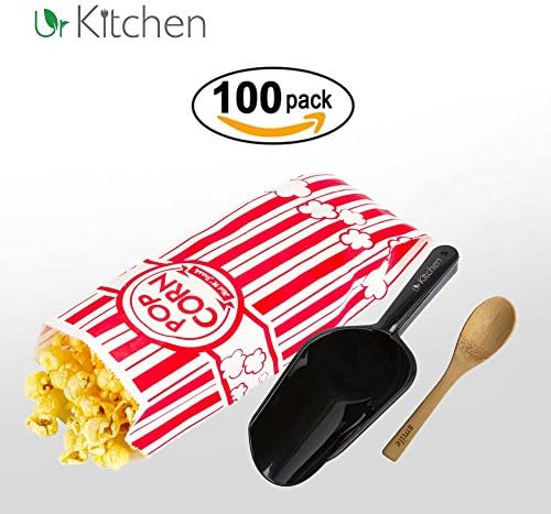 100 Popcorn Bag 0.6oz Classic Individual Red &amp; White – Bonus Popcorns Kernel Scoop and Bamboo Wooden Spoon – Perfect At Home Festival Stands &amp; Movie Theatre