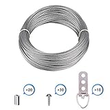 Picture Frame Hanging Wire Kit, Stainless Steel Wire with 10 Pieces 3 Holes D-Ring Picture Hangers with Screws and 20 Pieces Aluminum Crimping Loop Sleeve, Supports up to 110 Lbs (1.5 mm x 65 Feet)