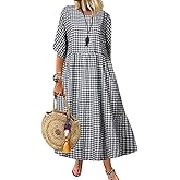 chouyatou Women's Casual Plaid Short Sleeve Beach Dress Crewneck Gingham Swing Flowy Midi Long Tunic Dress
