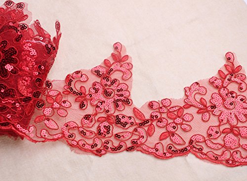 Red Vintage Venise Sequin Lace Trimming Bridal Embroidery Trim Wedding Veil Edging (Red)