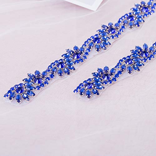 Something Blue Bridal Applique, FANGZHIDI 1 Yard Rhinestone Applique for Wedding Belt Sash- The Ribbon was NOT Attached to The Applique (026- Blue)
