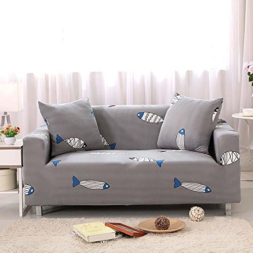 LINGJUN Sofa Lounge Covers Brushed Floral Print 1 2 3 4 Seat Stretch Elastic Slipcover Sofa Cover Couch Furniture L Shape Protector Fit (2 Seater, Fish)