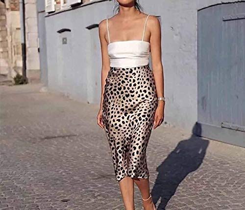 Keasmto Leopard Midi Skirt Plus Size for Women High Waist Silk Satin Skirts Tags M