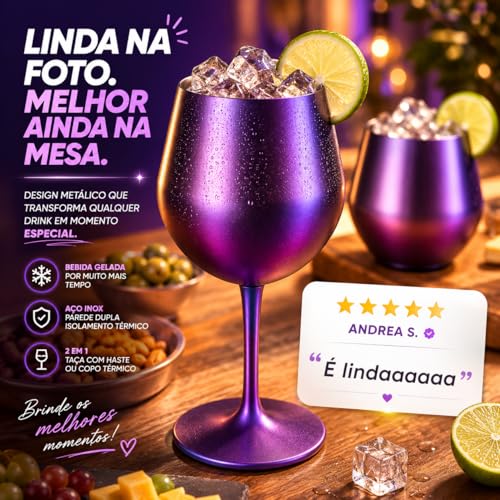 Taça Térmica Inox 2 em 1 Vinho Gin Drinks Cerveja 414ml Copo Térmico Haste Removível Aço Inoxidável Conserva Bebidas Geladas Isolamento Térmico Parede Dupla Cocktail Coquetel (PRETA)