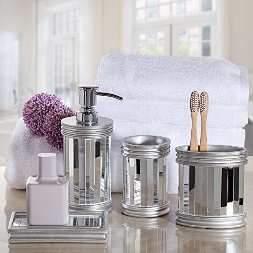 Mirror Baton Bathroom Accessories Set, 4 Piece Bath Ensemble, Bath Set Collection Features Soap Dispenser Pump, Toothbrush Holder, Tumbler, Soap Dish - Silver
