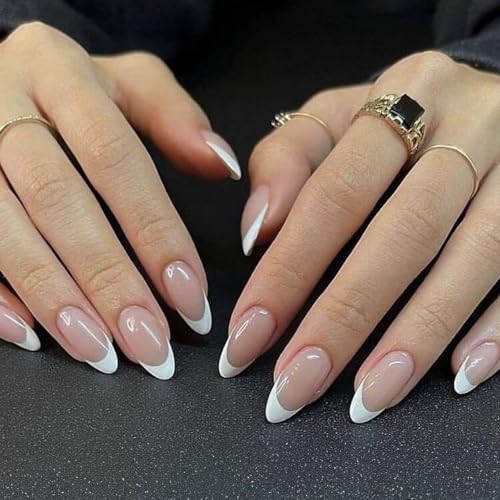 French Press On Nails Almond White Tip Acrylic Fake Nails, 24pcs