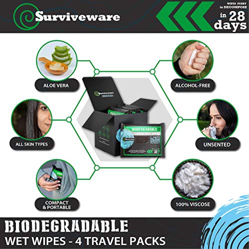 Surviveware Biodegradable Wet Wipes, Travel Pack, Face and Body Wipes