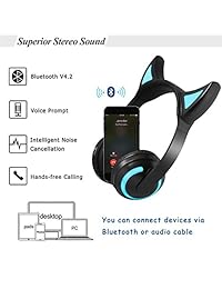 JFtown   Auriculares inalámbricos con Bluetooth y LED, compatible con 7 colores, auriculares Devil Ear Cosplay Over Ear estéreo, con micrófono y control de volumen para niños y niñas, compatible con PC iPhone iPad