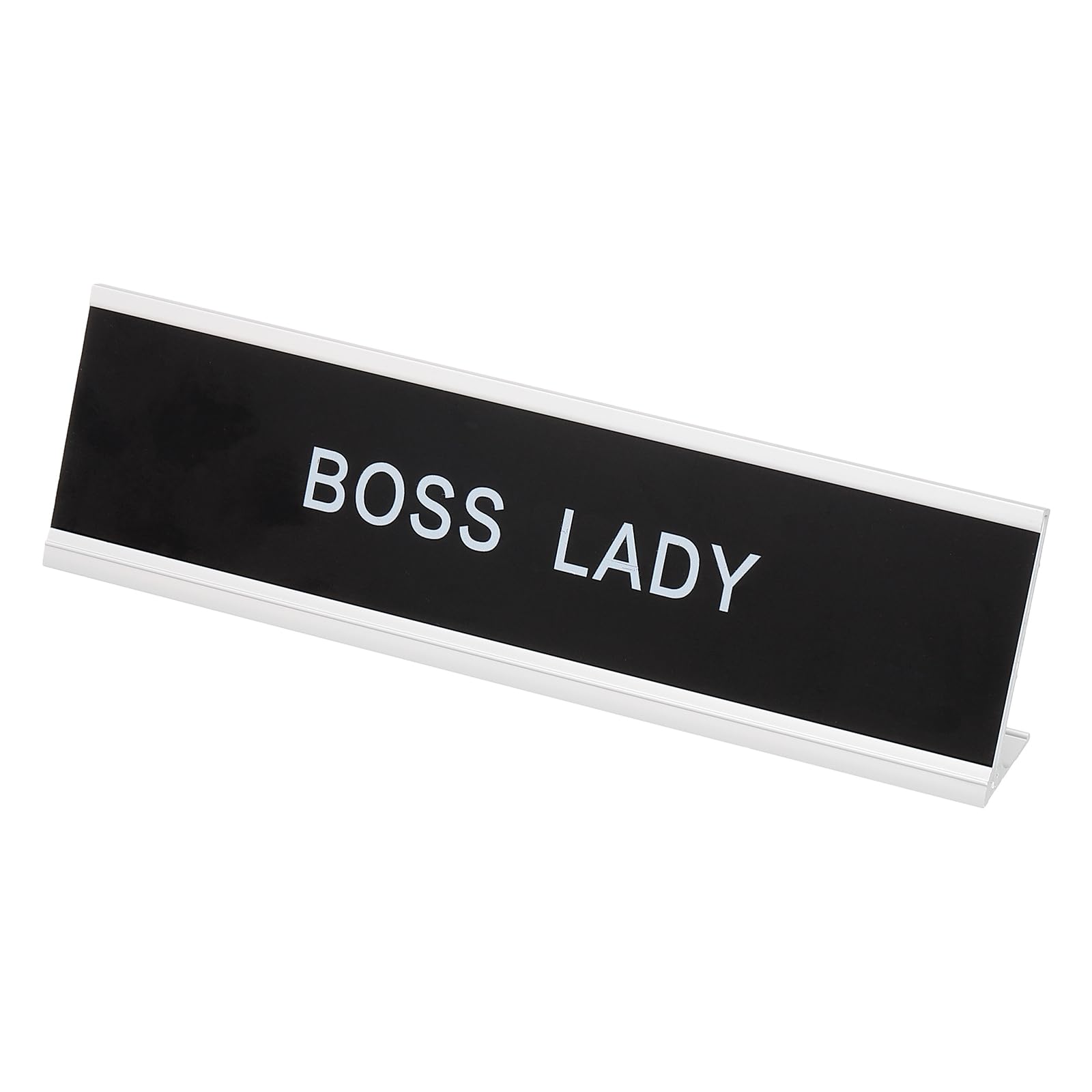 PATIKIL Funny Nameplate, 8"x2" Novelty Desk Sign Plaque Aluminum Desk Name Plate with Base for Office, Silver White (Lady)