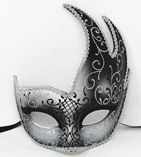 Stunning Black & Silver Venetian Masquerade Carnival Ball Party Eye Mask, Black Silver, 20cm Deep