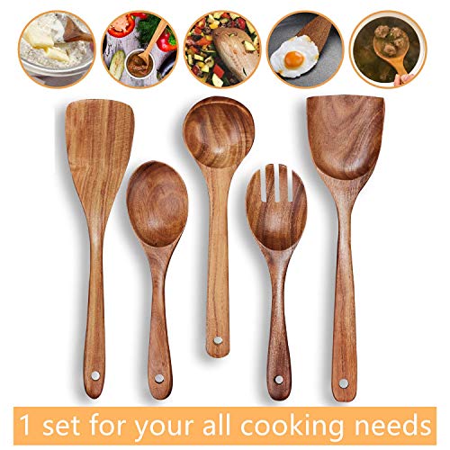 Wooden Kitchen Utensil Set 5 Cooking Utensils Spatula Spoons for Cooking Nonstick Cookware, 100