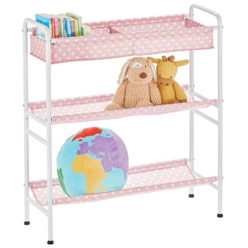 mDesign Toy Storage Shelves – Compact Kids Storage with 3 Trays for Toys, Books, Teddies and More – Practical Metal and Fabric Shelf Unit – Pink/White
