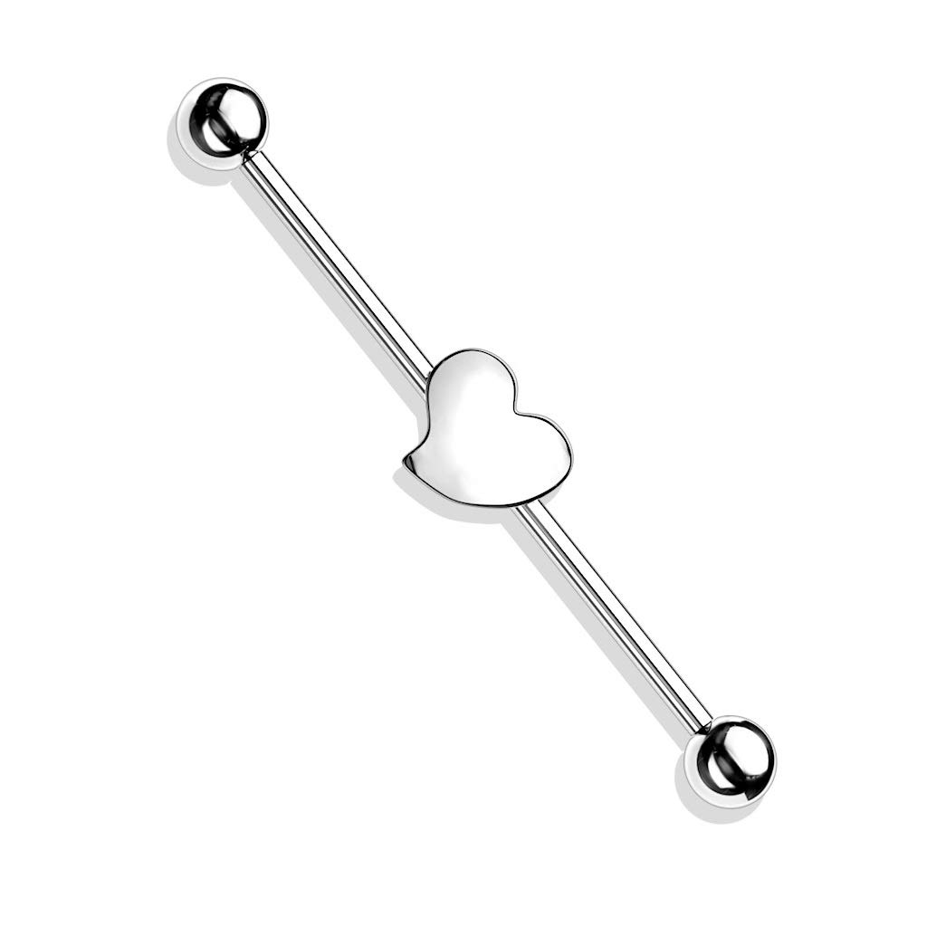 PiercedOff 316L Surgical Steel Externally Threaded Heart Industrial Barbell - Thickness 14GA(1.6mm) / Length 38mm / Ball Size 5mm