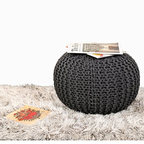 Rajrang Hand Knit Pure Cotton Stuffed Pouf Charcole Grey Braid Cord Stitched Round Footstool Ottoman Home Decorative for Living Room Perfect Outdoor Seating