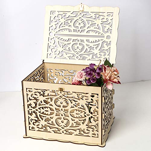 dezirZJjx Wooden Cards Box, DIY Wedding Gift Cards Box Party Decoration Hollow Case Holder with Lock - Thumbnail 4